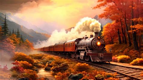 Steam Locomotive In The Autumn Forest 3d Render Illustration AI