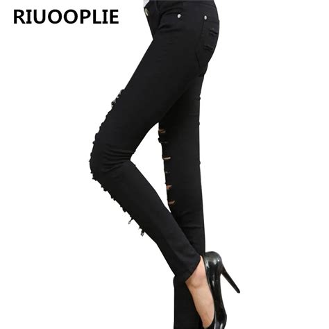 Riuooplie Women Elastic Waist Pencil Pant Skinny High Waist Ripped Hole