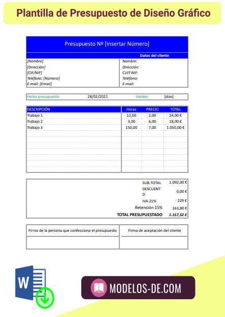 Plantilla De Presupuesto De Dise O Gr Fico Word Y Excel