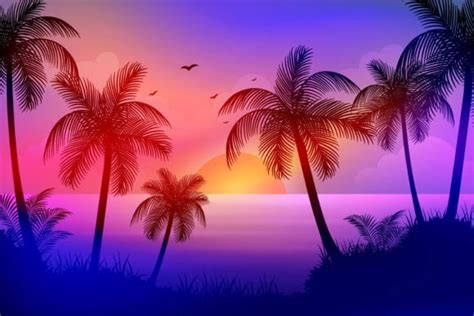 Tropical Beach At Sunset With Palm Trees Graphic By Astira · Creative