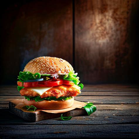 Premium Photo | A burger with lettuce tomato and lettuce on a wooden ...