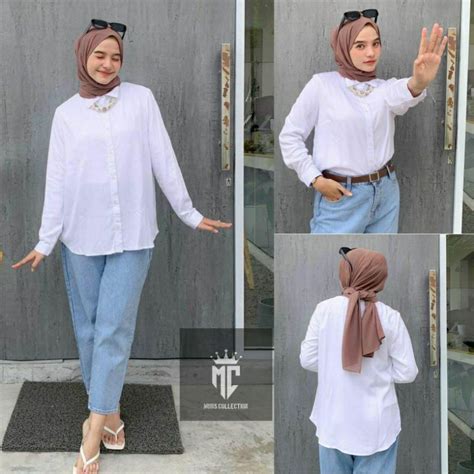 jual baju kemeja putih wanita hem putih wanita lengan panjang