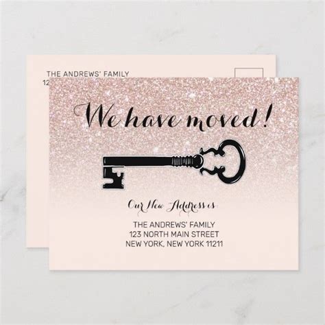 Rose Gold Pink Sparkly Glitter Ombre Key Moving Announcement Postcard