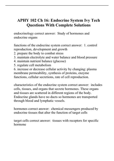 APHY 102 Ch 16 Endocrine System Ivy Tech Questions With Complete