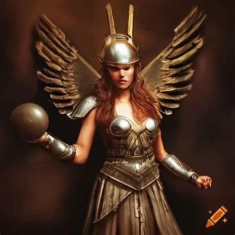 Steampunk Solarpunk Propaganda Poster Of A Valkyrie With Baseball Bat