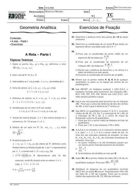 PDF Geometria Analítica Exercícios de Fixação Geometria