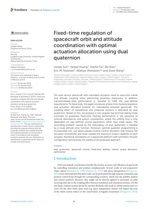 Pdf Fixed Time Regulation Of Spacecraft Orbit And Attitude