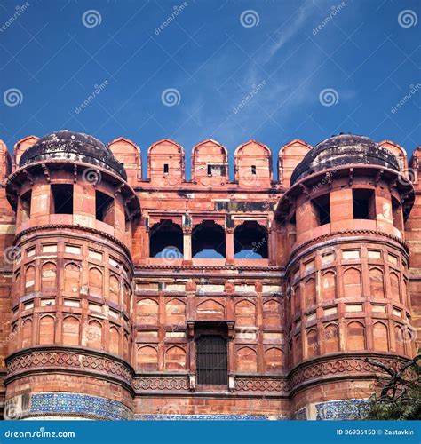 Entrance Towers Of Red Agra Fort In India Stock Image Image Of