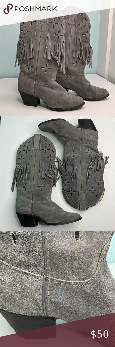 Kenny Rodgers VINTAGE Suede Gray Fringe Cowgirl Boots Size 6 Vintage