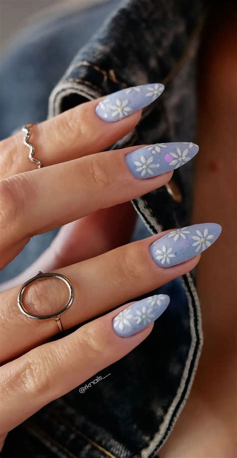 50 Pretty Spring Colour Nail Ideas Designs White Flower Blue Grey