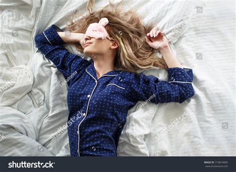 Cute Blonde Her Bed Blue Pajamas Stock Photo Shutterstock