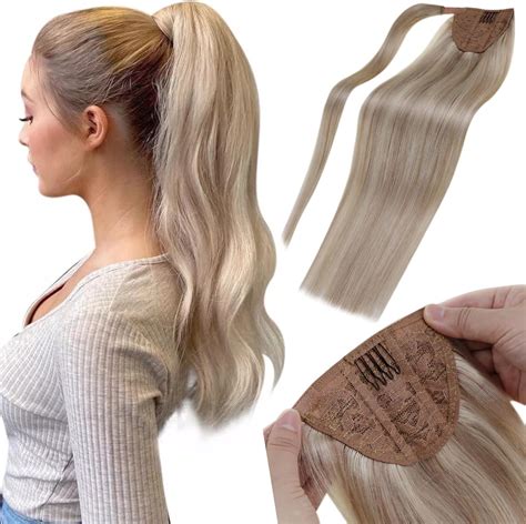 LaaVoo Hair Extensions Real Human Hair Ponytail Ash Blonde Highlighted