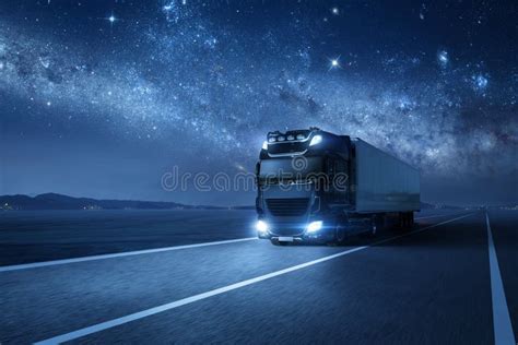 A Truck Driving at Night Under a Starry Sky Stock Image - Image of ...