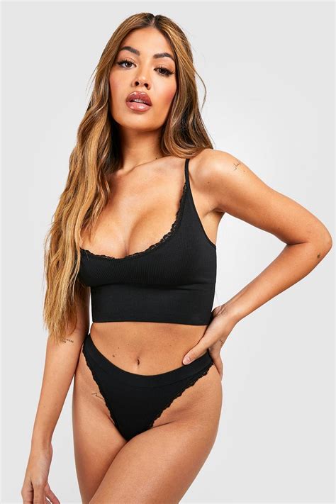 Lace Trim Ribbed Seamless Longline Bralette Boohoo