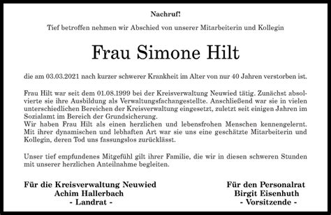 Traueranzeigen Von Simone Hilt Rz Trauer De