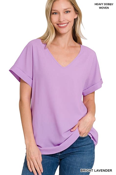 Zenana Plus Size V Neck Heavy Dobby Boat Neck Rolled Short Sleeve