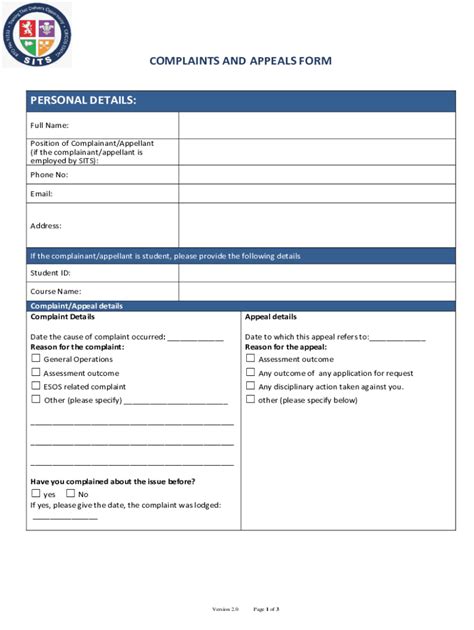 Fillable Online Complaints And Appeals Form Personal Details Fax Email