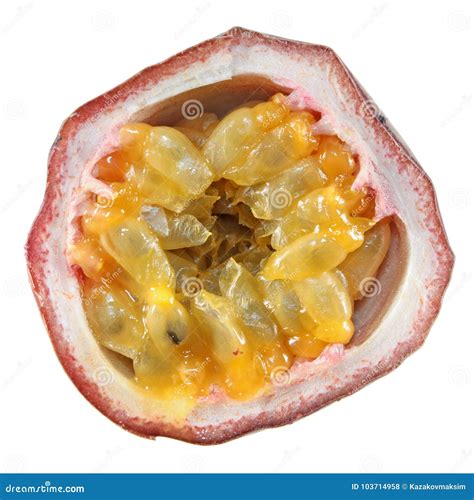 Passion Fruit Cut In Half Inside Cross Section Isolated On White