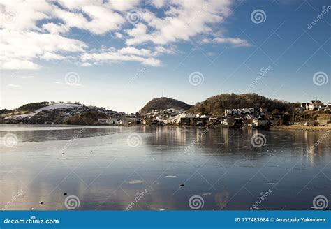 A View of Algard Town and Frozen Waters of Edlandsvatnet Lake in Winter Season Stock Photo ...