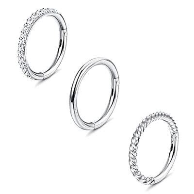 3Pcs 16G Hinged Clicker Segment CZ Twisted Nose Rings Helix Cartilage