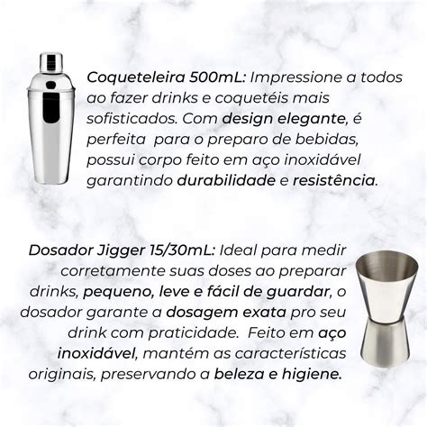 Kit Bar Aço Inox 6 Peças Coqueteleira Socador Dosador Colher