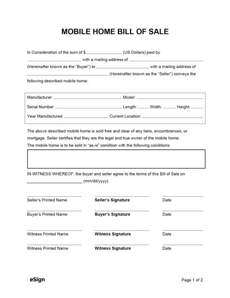 Mobile Home Bill Of Sale Free Printable Form