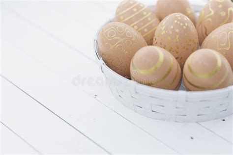 Easter Still Life Easter Eggs In Brown Color With A Golden Pattern In