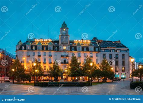 Oslo, Norway. Building of Grand Hotel Oslo in Night View. Centrum District in Summer Evening ...