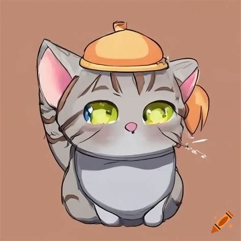 Brown Hair Tabby Cat Cute Anime With Light Gray Fur Belly And Orange Hat