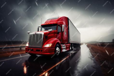 Premium Photo | Red Semi Truck on Rainy Road Red big rig commercial ...