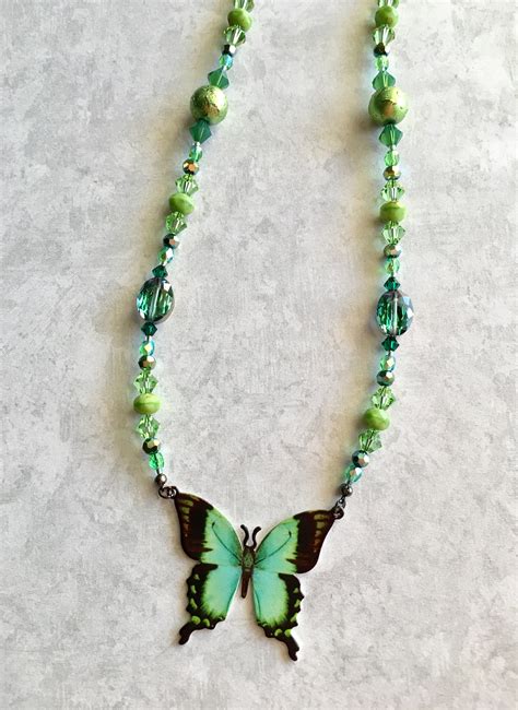 Butterfly Pendant Beaded Necklace Green Necklace Swarovski Etsy