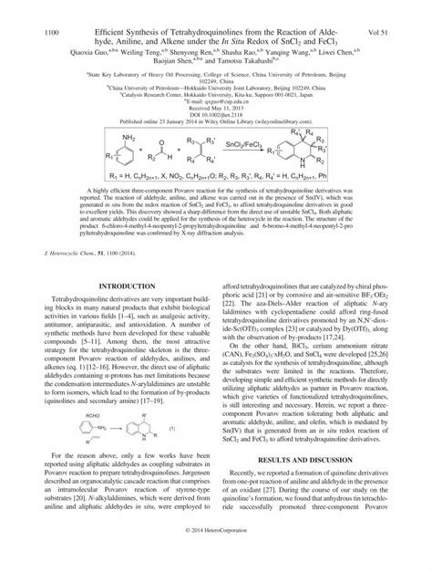 Pdf Efficient Synthesis Of Tetrahydroquinolines From The Reaction Of Aldehyde Aniline And