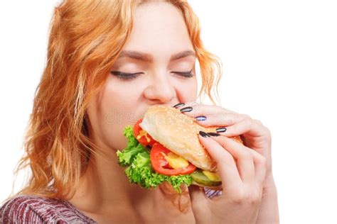 Happy Beautiful Girl With Tasty Juicy Burger Sandwich Hamburger In