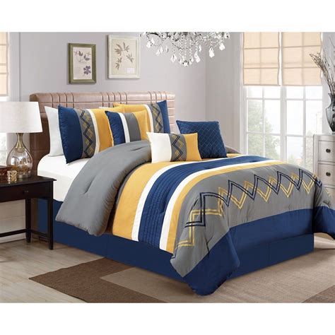 Chezmoi Collection 7 Piece Navy Gray Yellow White Modern Stripe Chevron