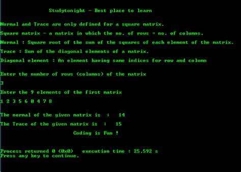 Program to find Normal and Trace of a Square Matrix | C Programs ...