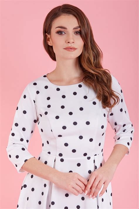 Beatrix Long Sleeved Whiteblack Polka Dot Midi Dress