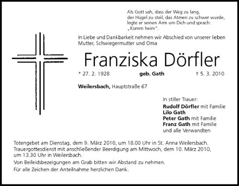 Franziska D Rfler Traueranzeige Trauer Infranken De