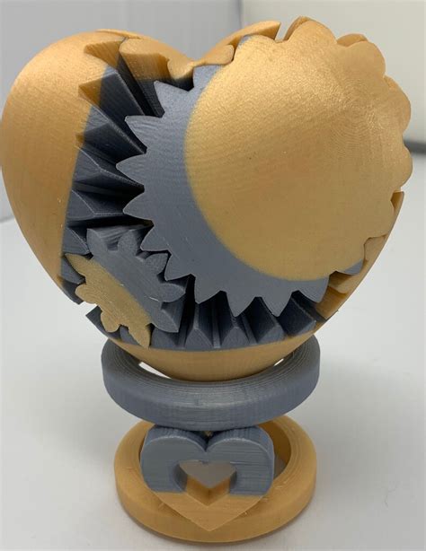 3d Printed Gear Heart Silver And Gold Color With Heart Stand Etsy