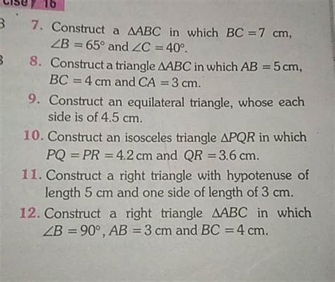 7 Construct A Abc In Which Bc7 Cm ∠b65∘ And ∠c40∘8 Construct A T