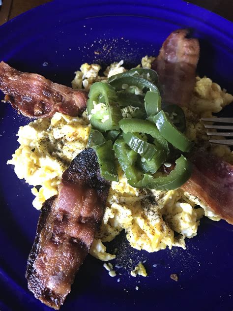 Scrambled Eggs With Over Baked Bacon And Jalapeño R Keto Food