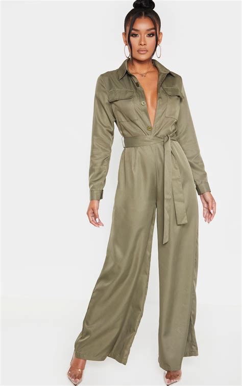 Khaki Belt Detail Wide Leg Cargo Jumpsuit Prettylittlething