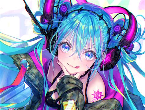 Aqua Eyes Aqua Hair Close Hatsune Miku Headphones Long Hair Tattoo