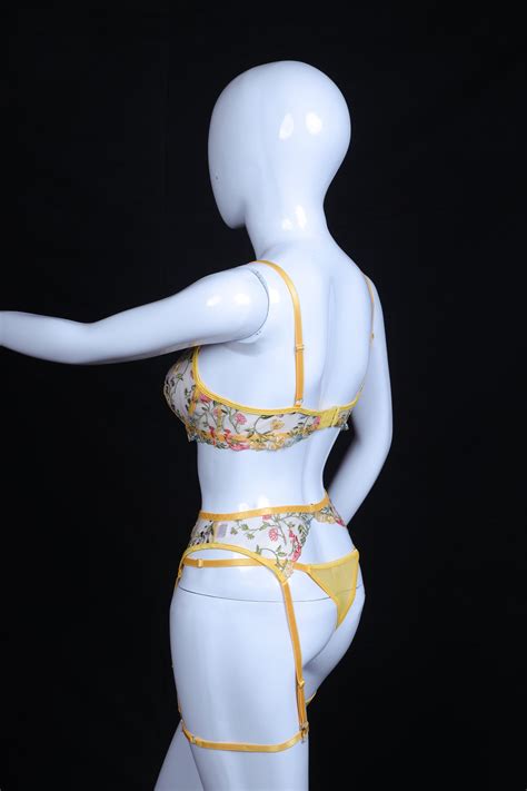 Yellow Floral Lingerie Set Lace Lingerie Embroidered Lingerie Garter Belt T For Her Bridal