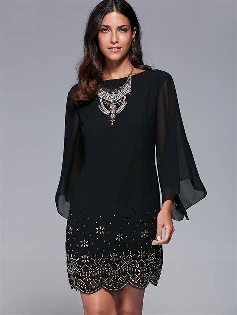 Black L Bell Sleeve Scalloped Long Sleeve Shift Dress