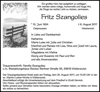 Traueranzeigen Von Fritz Szangolies WirTrauern