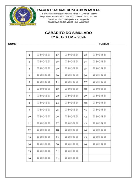 Gabarito Simulado - Gabarito do Simulado 2024 - Escola Estadual | PDF