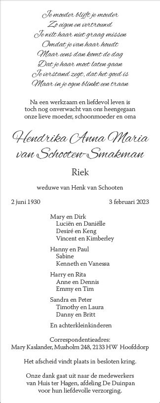 Overleden Hendrika Anna Maria Van Schooten Smakman Riek