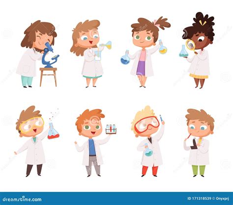 Science Kids Childrens In Chemistry Lab Boys And Little Girls Vector