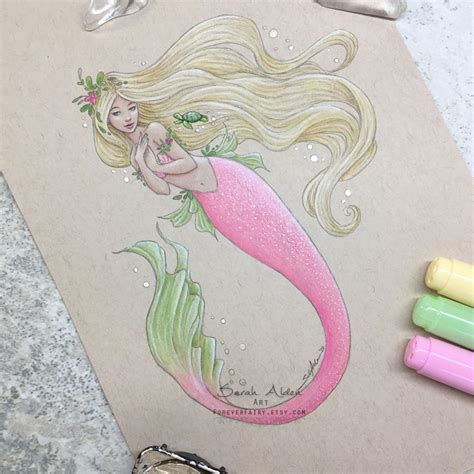 Pink Mermaid Art Print, Turtle Art, Cute Mermaid Painting, Girls ...