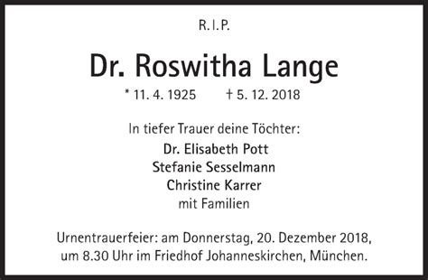 Traueranzeigen Von Roswitha Lange Sz Gedenkende